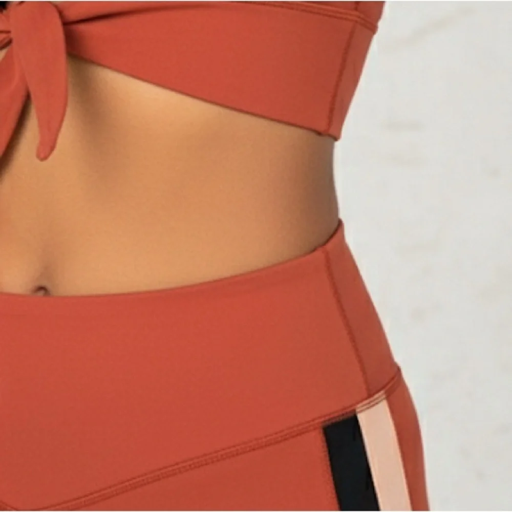 Mariia Burnt Orange Rust Active Crop Top tie front and Biker Shorts adult XS NWT
